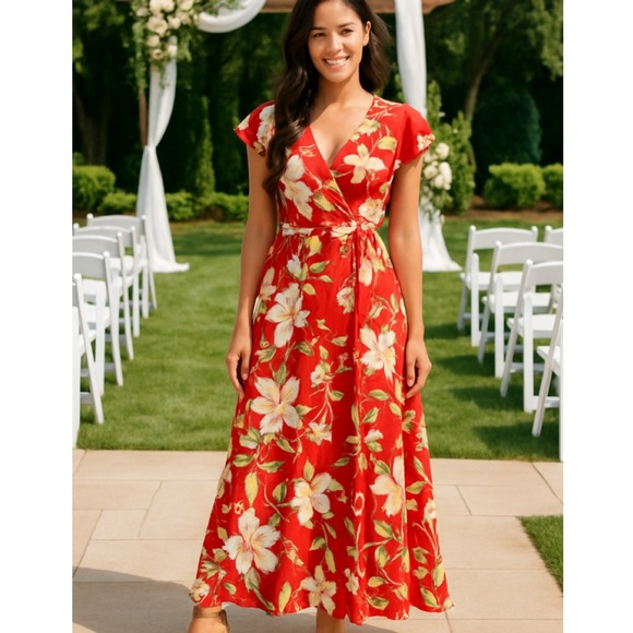 Lulus Coral Tropical Floral Short Sleeve Wrap Maxi Dress M - Picture 4 of 12